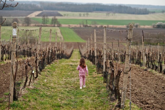 Indietro della bambina che cammina nella vigna