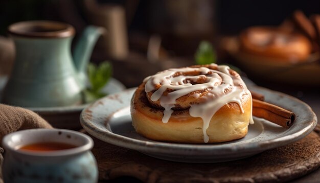 Indulgente dessert fatto in casa su piatto di legno rustico generato da AI