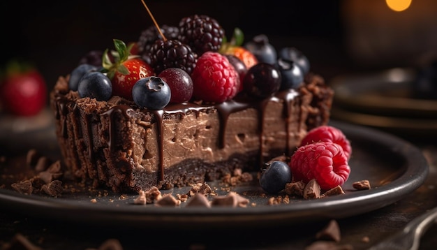 Indulgente fetta di brownie al cioccolato e lamponi fatta in casa su piatto generato dall'intelligenza artificiale