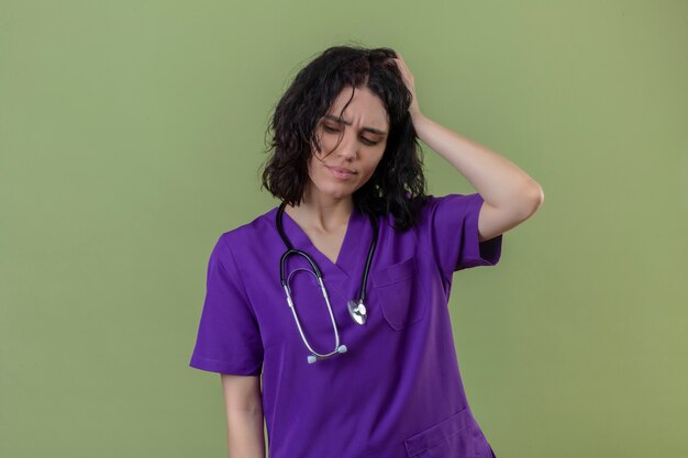 infermiera che indossa l'uniforme e lo stetoscopio guardando la testa commovente lavorata e stanca in piedi sul verde isolato