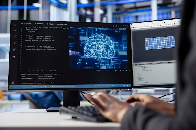 Foto gratuito ingegnere che integra l'intelligenza artificiale nella produzione di fabbriche fotovoltaiche