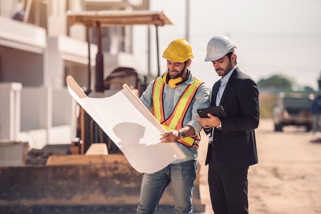 Ingegnere civile e manager operaio edile in possesso di tablet digitale e progetti che parlano e planano sul cantiere Concetto di lavoro di squadra di cooperazione