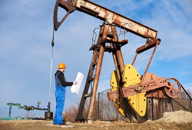 Ingegnere petrolifero che controlla il lavoro del martinetto della pompa del pozzo petrolifero