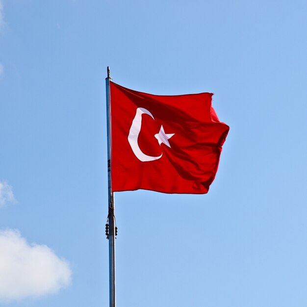 Inquadratura dal basso della bandiera turca sotto il cielo limpido