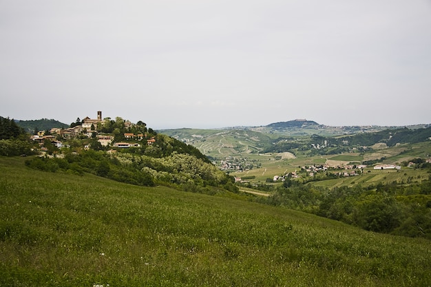 Inquadratura dall'alto di un paesaggio verde con un villaggio con molti edifici