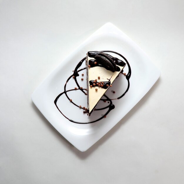 Inquadratura dall'alto di un pezzo di cheesecake cremoso con biscotti al cioccolato