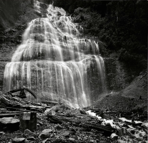 Inquadratura in scala di grigi a basso angolo di Bridal Veil Falls nel Parco Provinciale di Bridal, Canada