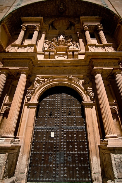 Inquadratura verticale dal basso del cancello d'acciaio all'ingresso di un magnifico edificio storico