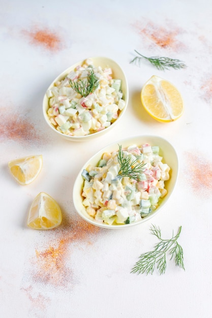 Insalata con bastoncini di granchio, uova, mais e cetriolo.