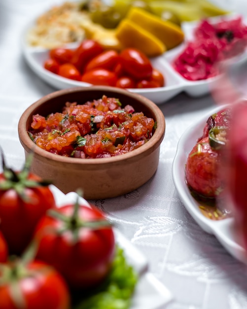 Insalata del pomodoro con il basilico della cipolla di verdure nella vista laterale del piatto di argilla