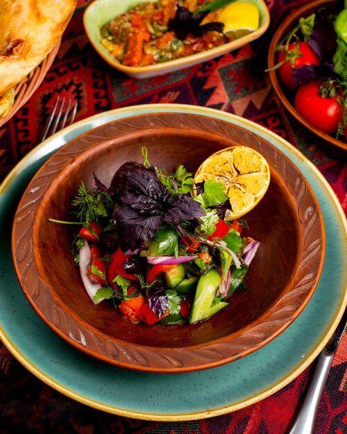 Insalata di verdure con cetrioli, pomodori, cipolle e verdure