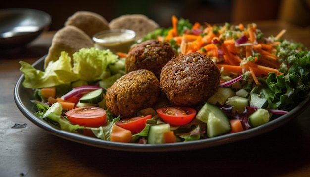 Insalata di verdure fresche gourmet un pasto sano generato dall'intelligenza artificiale