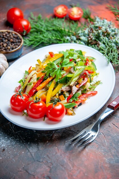 Insalata di verdure vista dal basso su piastra ovale forchetta pomodorini pepe nero su superficie rosso scuro