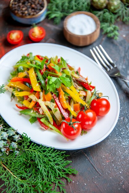 Insalata di verdure vista dal basso su piastra ovale pomodorini forchetta su superficie rosso scuro