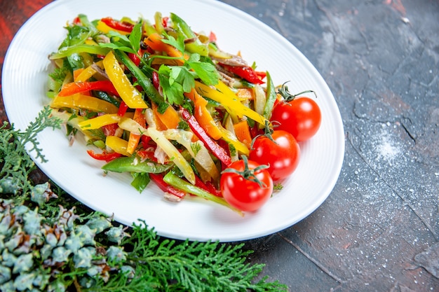 Insalata di verdure vista dal basso su piatto ovale pomodorini su superficie rosso scuro