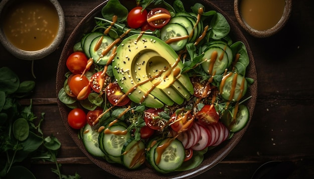 Insalata gourmet fresca con verdure biologiche e avocado generata dall'IA