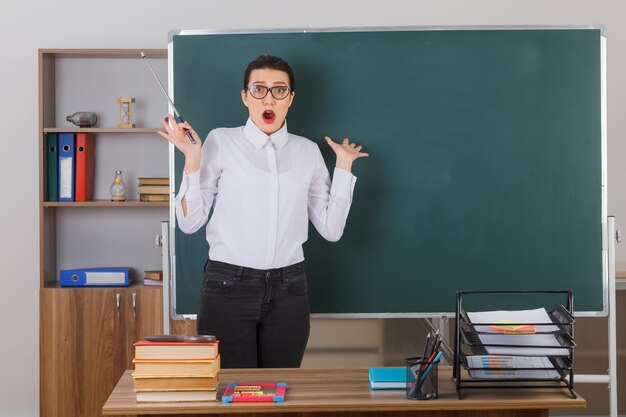 Insegnante di giovane donna che indossa occhiali tenendo il puntatore mentre spiega la lezione guardando sorpreso e stupito in piedi al banco della scuola davanti alla lavagna in classe