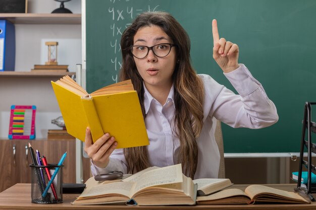 Insegnante di giovane donna con gli occhiali con la lettura di libri che sembra sorpreso che mostra il dito indice seduto al banco di scuola davanti alla lavagna in aula