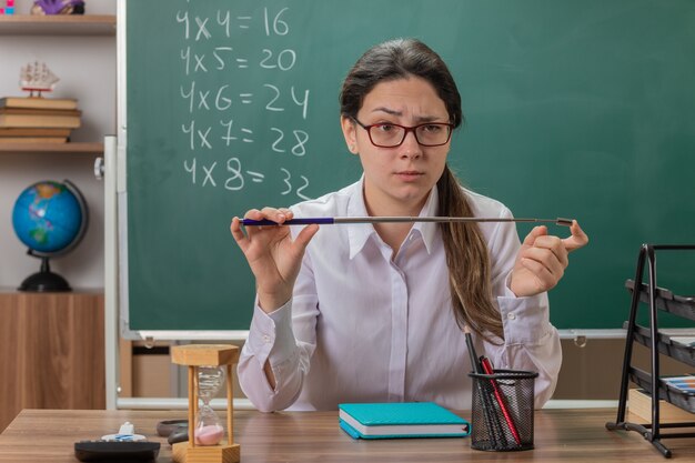 Insegnante di giovane donna con gli occhiali guardando davanti con faccia seria che tiene il puntatore andando a spiegare la lezione seduto al banco di scuola davanti alla lavagna in aula