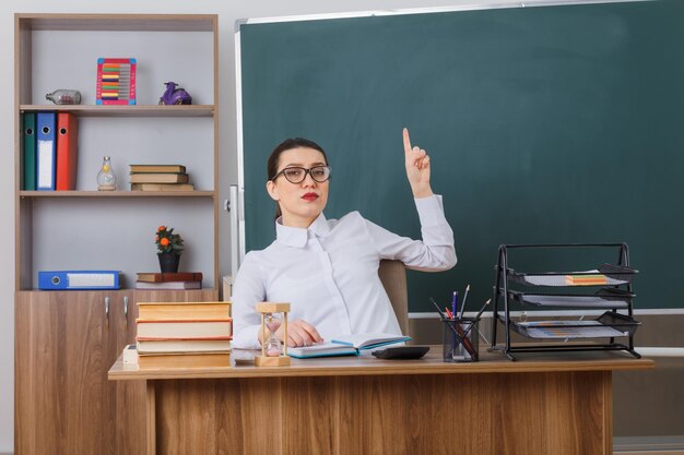 Insegnante di giovane donna con gli occhiali seduto al banco di scuola davanti alla lavagna in classe guardando la fotocamera con la faccia seria che mostra il dito indice chiedendo attenzione