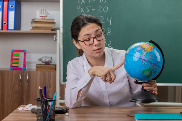 Insegnante di giovane donna con gli occhiali tenendo il globo spiegando lezione guardando fiducioso seduto al banco di scuola davanti alla lavagna in aula