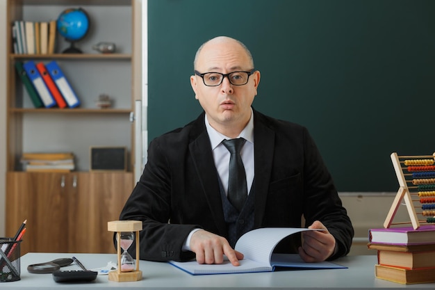 Insegnante uomo che indossa occhiali controllando il registro di classe guardando la fotocamera confusa seduto al banco della scuola davanti alla lavagna in classe