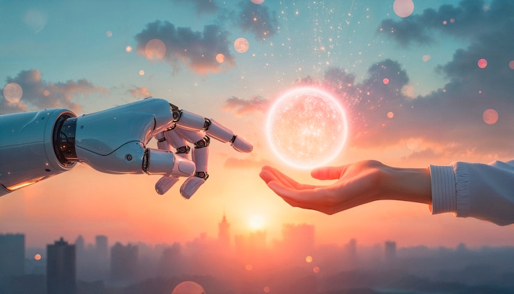 Foto gratuito interazione tra robot e mani umane