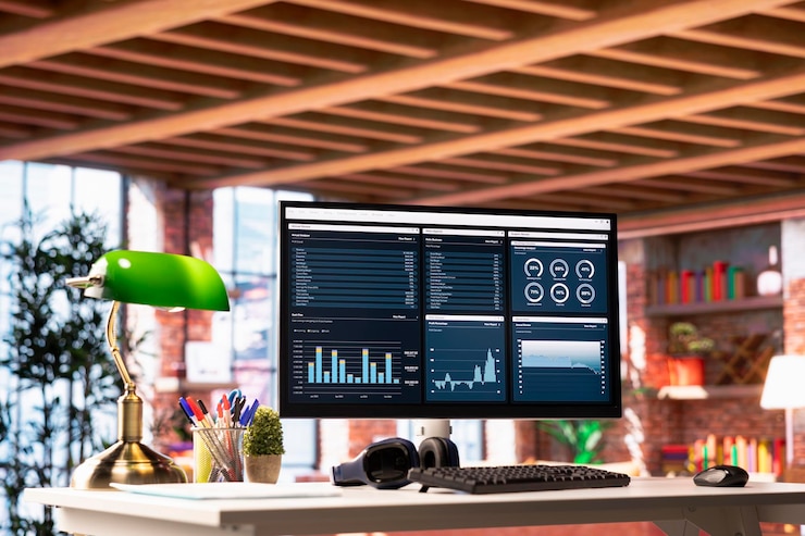 Foto gratuito interfaccia utente del programma finanziario sullo schermo del pc sulla scrivania dell'ufficio di casa