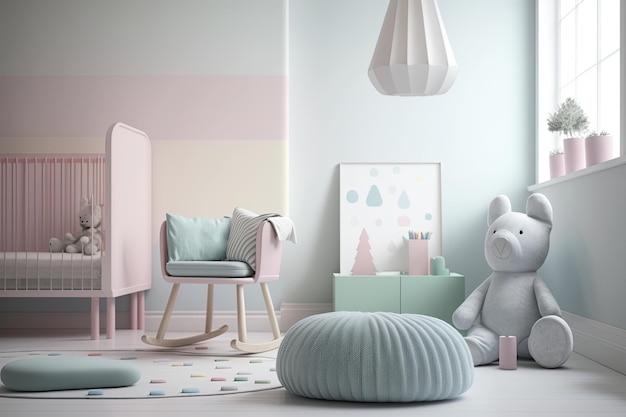 Interior design colorato Camera per bambini decorata con colori pastello Ai generativa