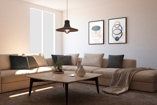 Interior design con cornici e divano