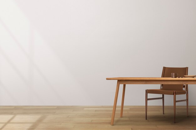 Interior design della sala da pranzo Japandi con tavolo in legno