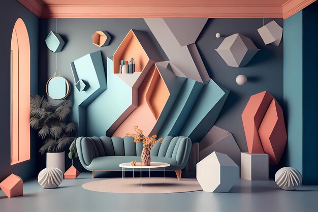 Interior design della stanza 3d con forme geometriche generative ai