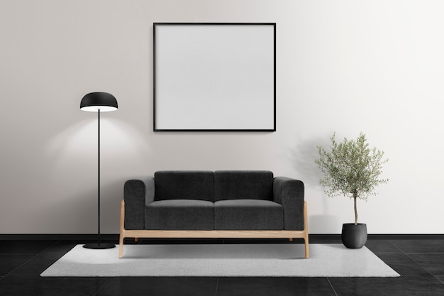 Interior design minimale del soggiorno con cornice vuota