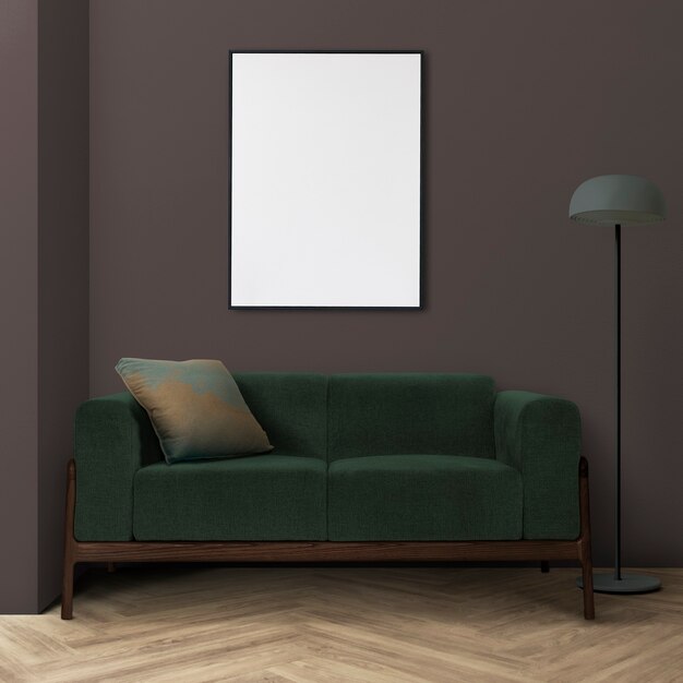 Interior design retrò del soggiorno con divano moderno di metà secolo