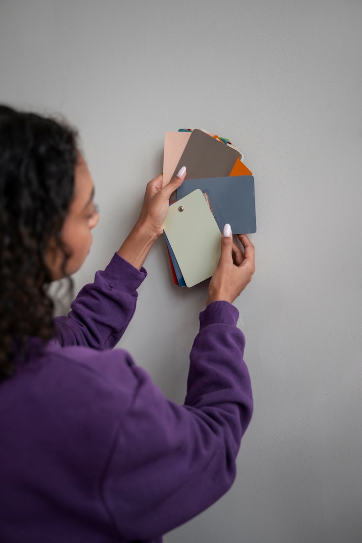 Foto gratuito interior designer con tavolozza di colori per la pittura murale