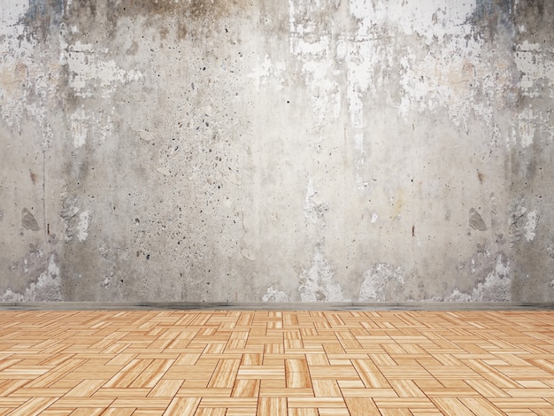 Interiore 3D con la parete del grunge e pavimento di legno del parquet