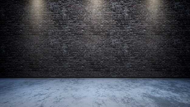 Interiore della stanza 3D con il muro di mattoni con i riflettori che brillano giù