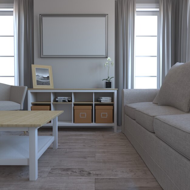 Interni contemporanei del soggiorno 3D e mobili moderni