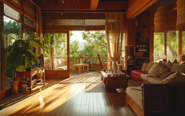 Interni fotorealistici di case in legno con decorazioni e mobili in legno