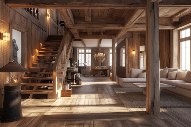 Interni fotorealistici di case in legno con decorazioni e mobili in legno