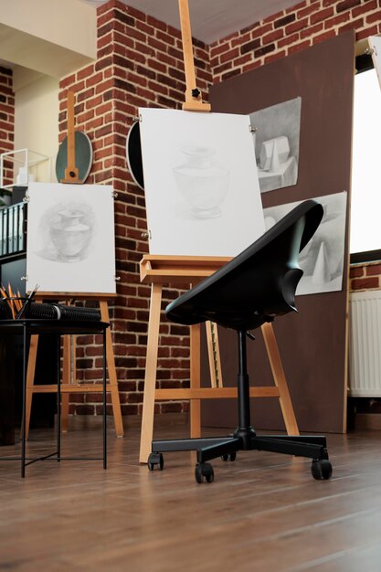 Interno dell'aula d'arte con cavalletti e strumenti di disegno, nessuno. Corsi di disegno e laboratori di belle arti per adulti, schizzi di opere d'arte nello studio dell'artista vuoto. Hobby per sviluppare la creatività