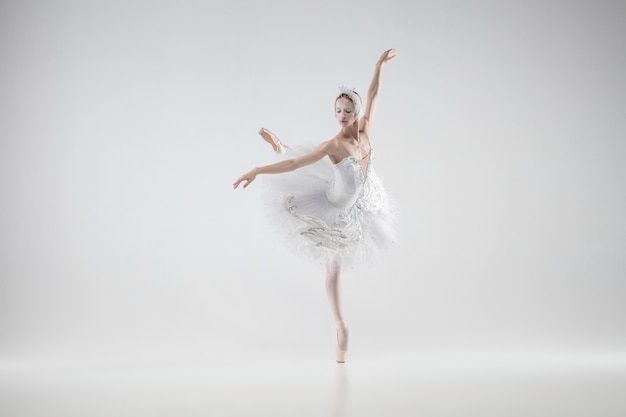 Inverno vivo. Giovane ballerina classica graziosa che balla sul fondo bianco dello studio. Donna in abiti teneri come un cigno bianco. La grazia, l'artista, il movimento, l'azione e il concetto di movimento. Sembra senza peso.