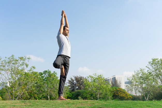 Istruttore di yoga maschio indiano che sta nella posa dell&#39;albero su prato inglese verde con i cespugli