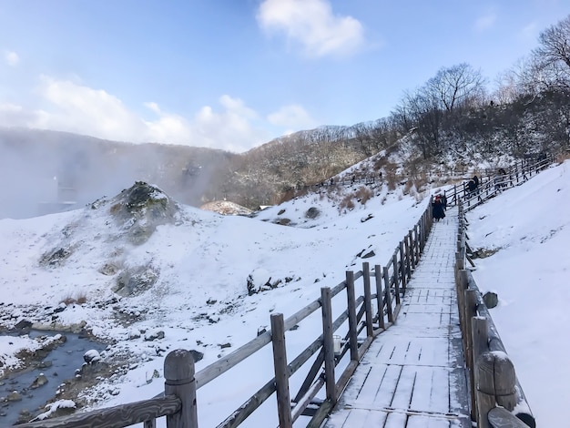 Jigokudani, conosciuto in inglese come &quot;Hell Valley&quot;, è la fonte di sorgenti calde per molti locali Onsen Spas a Noboribetsu, Hokkaido.