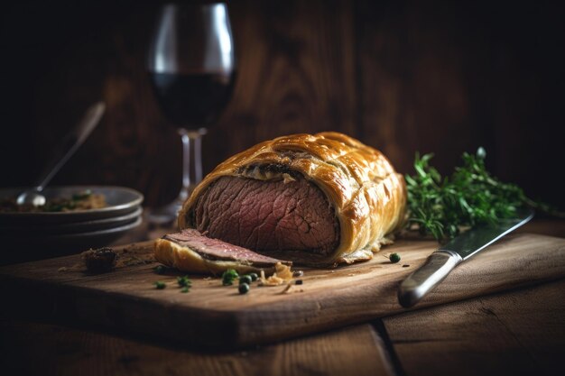 Juicy Beef Wellington piatto di filetto su tavola in legno rustico Cibo inglese Ai generativo