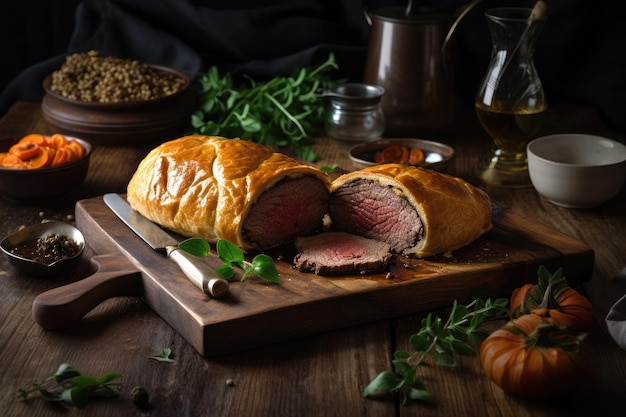 Juicy Beef Wellington piatto di filetto su tavola in legno rustico Cibo inglese Ai generativo