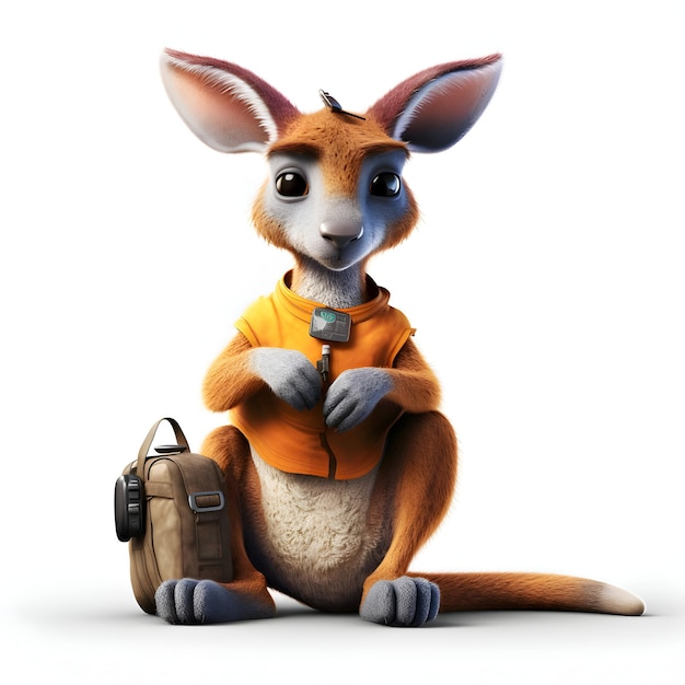 Kangaroo con zaino seduto su sfondo bianco illustrazione 3D