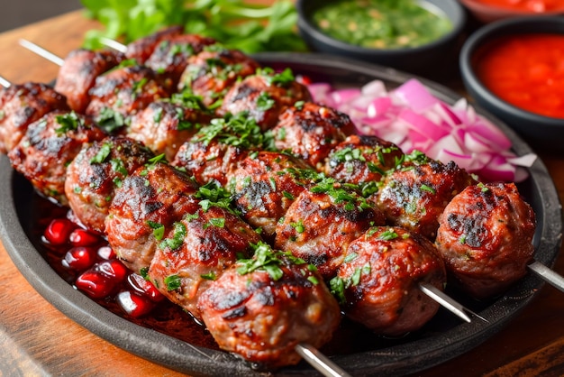 kebab con semi di melograno maturi e anelli di cipolla rossa e antipasti sul tavolo nel pranzo in taverna