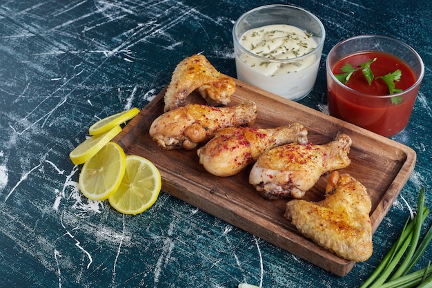 Ketchup e salse maionese con cosce di pollo crudo.