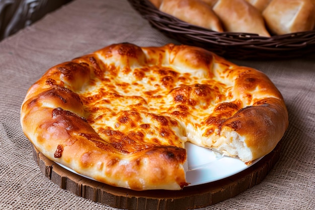 Khachapuri megreliano pane georgiano rotondo con formaggio su un piatto turismo gastronomico e viaggi